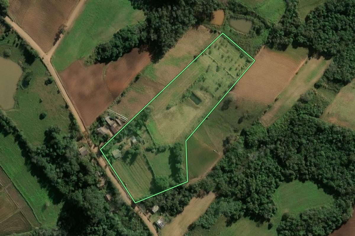 Imagem de satélite do imóvel rural em Cerro Branco (RS), com o contorno declarado no CAR desenhado por cima.