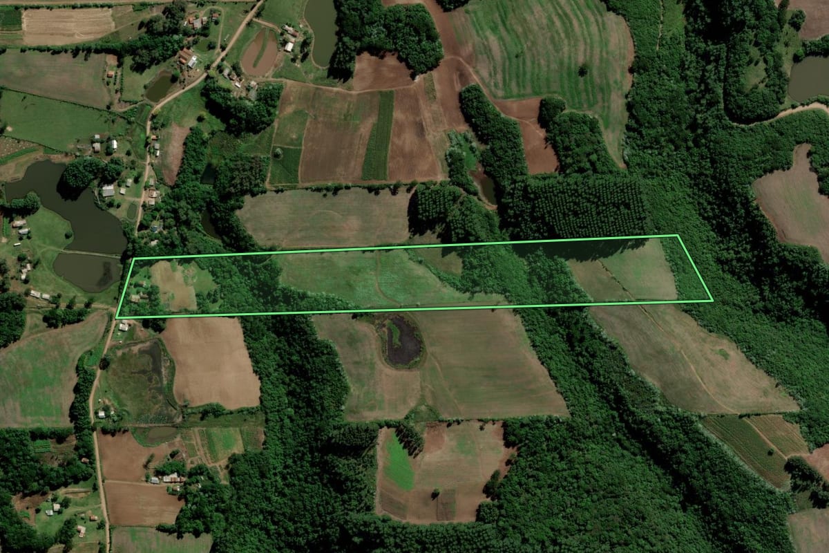 Imagem de satélite do imóvel rural em Cerro Branco (RS), com o contorno declarado no CAR desenhado por cima.