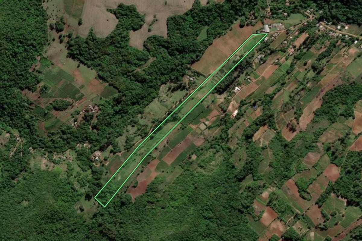 Imagem de satélite do imóvel rural em Cerro Branco (RS), com o contorno declarado no CAR desenhado por cima.