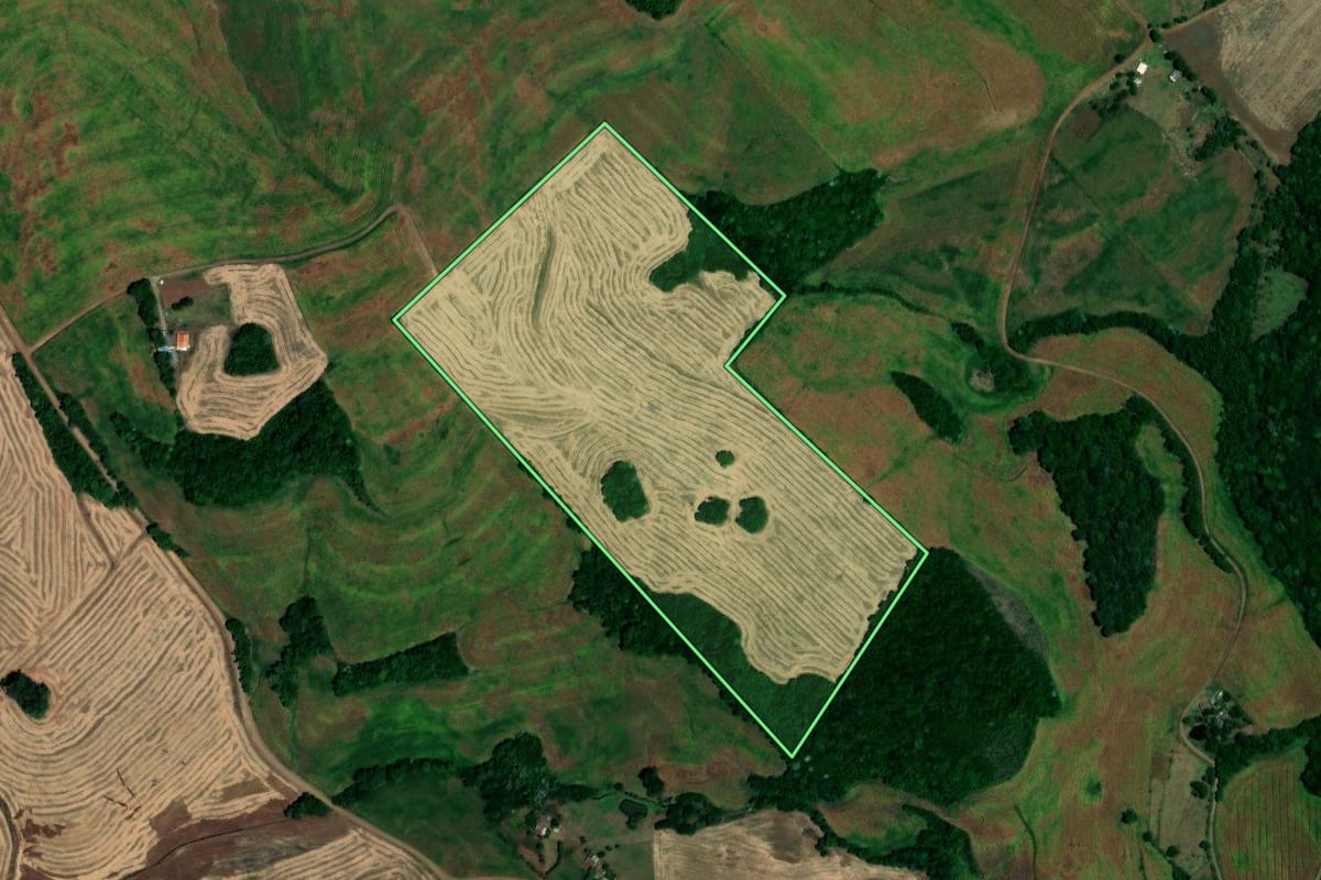 Imagem de satélite do imóvel rural em Cerro Grande (RS), com o contorno declarado no CAR desenhado por cima.