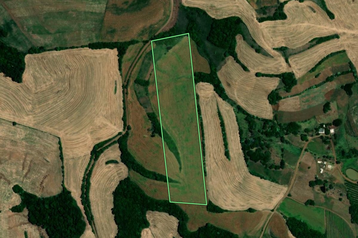 Imagem de satélite do imóvel rural em Cerro Grande (RS), com o contorno declarado no CAR desenhado por cima.