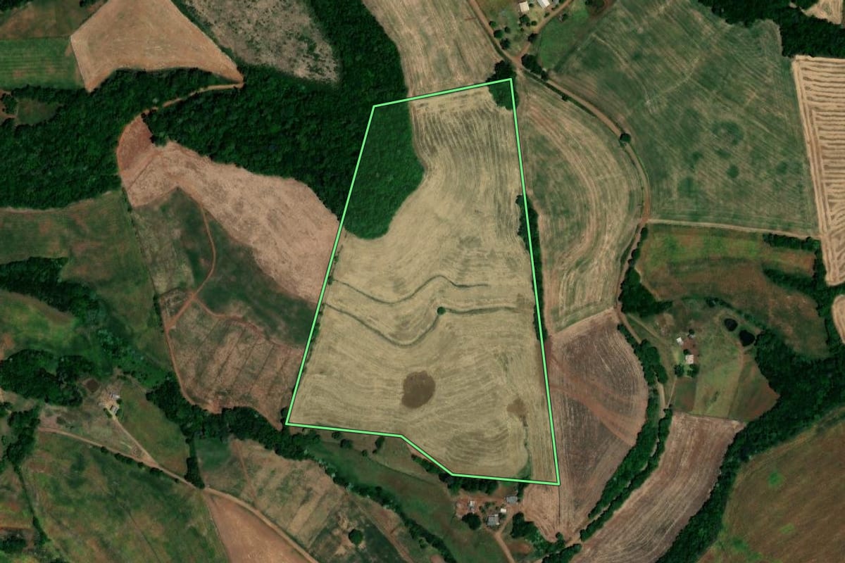Imagem de satélite do imóvel rural em Cerro Grande (RS), com o contorno declarado no CAR desenhado por cima.