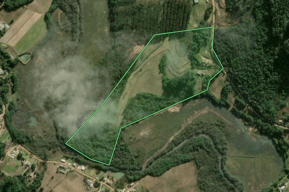 Imagem de satélite do imóvel rural em Cerro Grande do Sul (RS), com o contorno declarado no CAR desenhado por cima.