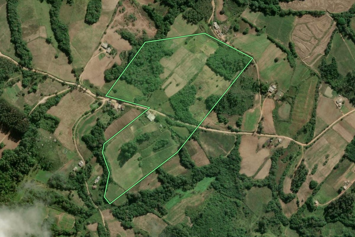 Imagem de satélite do imóvel rural em Cerro Grande do Sul (RS), com o contorno declarado no CAR desenhado por cima.
