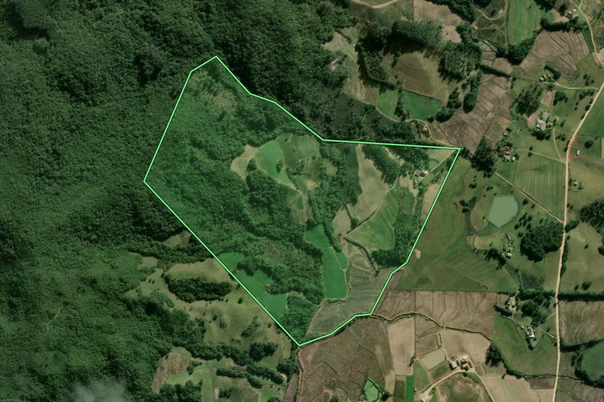 Imagem de satélite do imóvel rural em Cerro Grande do Sul (RS), com o contorno declarado no CAR desenhado por cima.