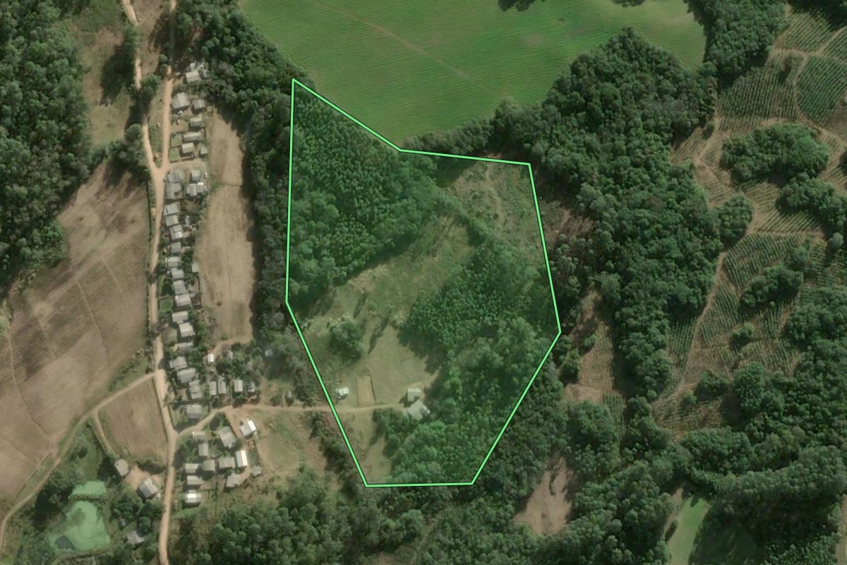 Imagem de satélite do imóvel rural em Cerro Grande do Sul (RS), com o contorno declarado no CAR desenhado por cima.