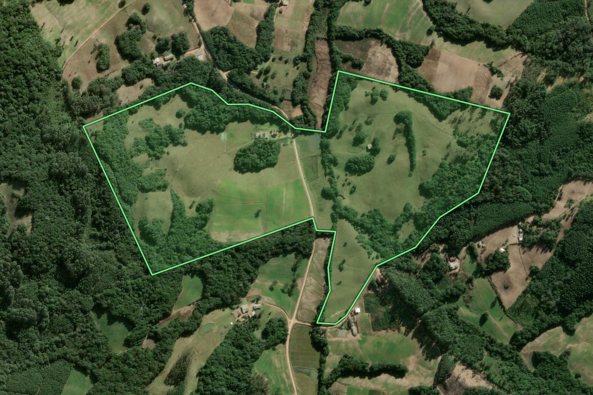 Imagem de satélite do imóvel rural em Cerro Grande do Sul (RS), com o contorno declarado no CAR desenhado por cima.