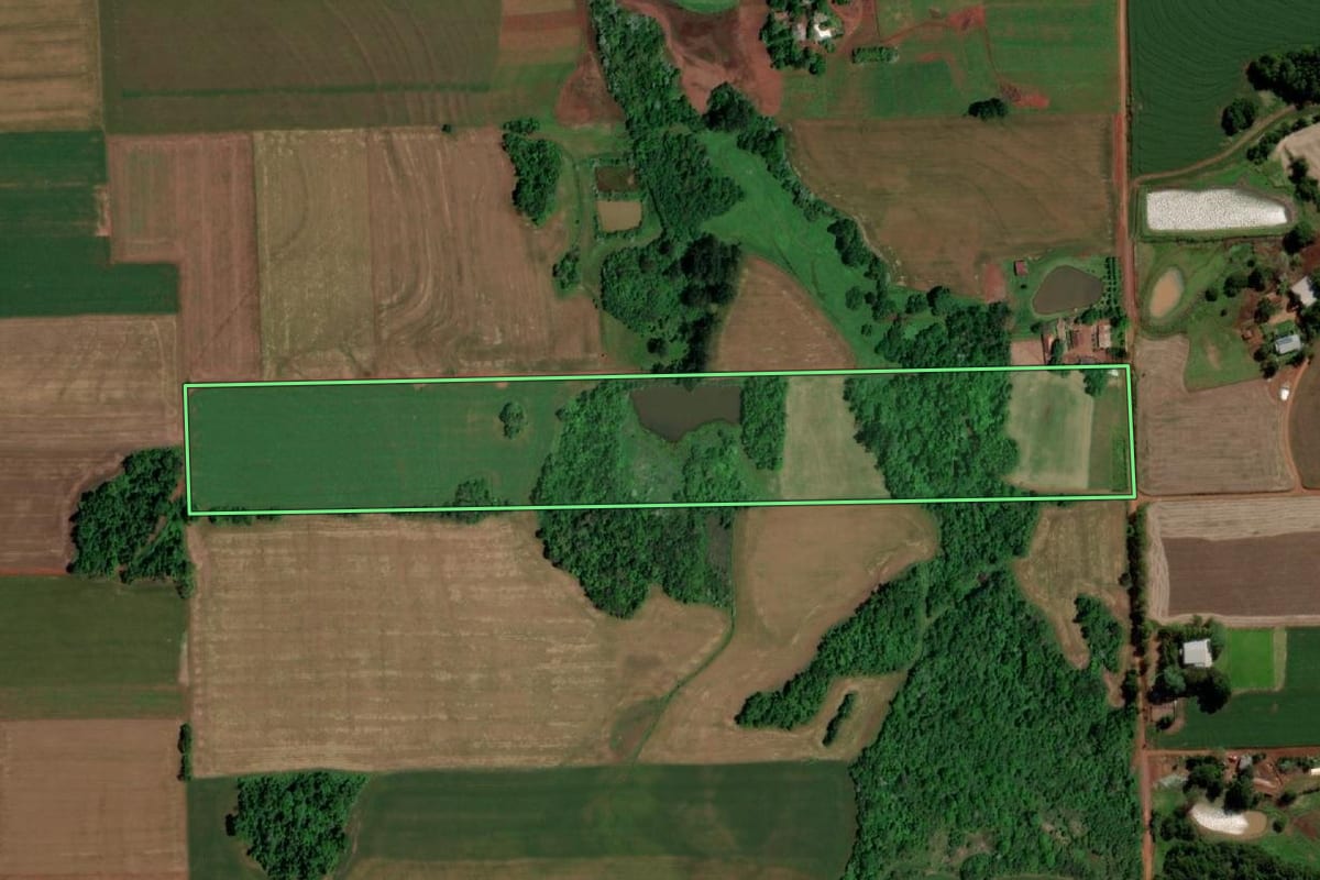 Imagem de satélite do imóvel rural em Cerro Largo (RS), com o contorno declarado no CAR desenhado por cima.
