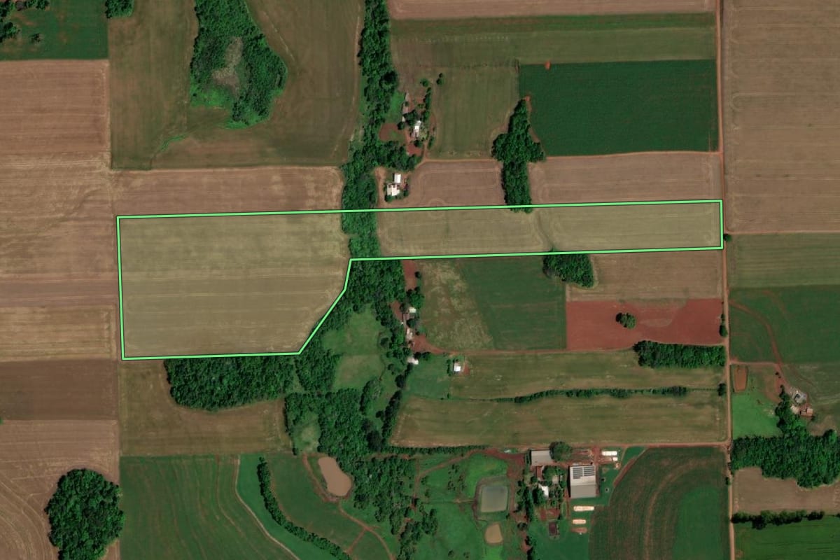 Imagem de satélite do imóvel rural em Cerro Largo (RS), com o contorno declarado no CAR desenhado por cima.