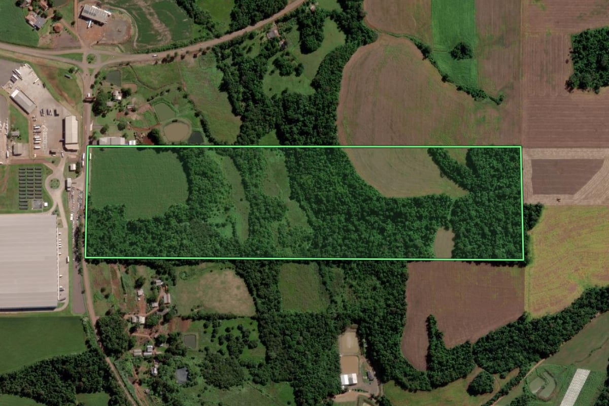 Imagem de satélite do imóvel rural em Cerro Largo (RS), com o contorno declarado no CAR desenhado por cima.