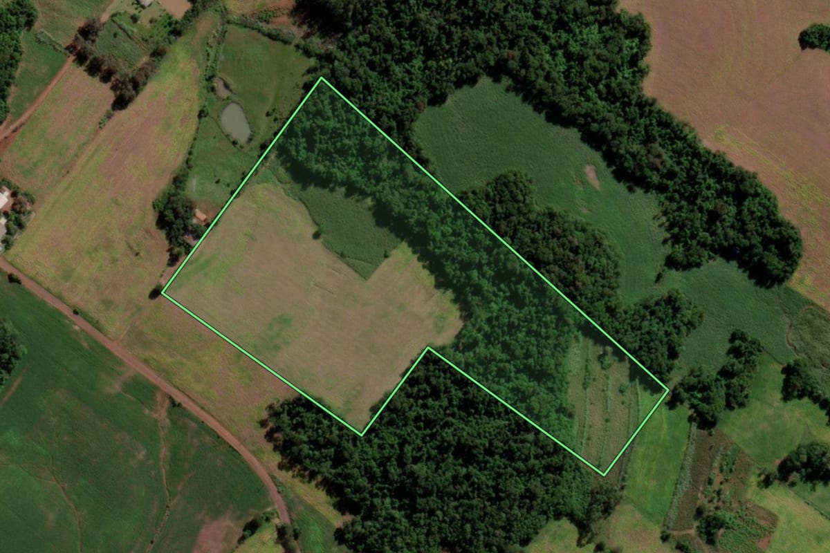 Imagem de satélite do imóvel rural em Cerro Largo (RS), com o contorno declarado no CAR desenhado por cima.
