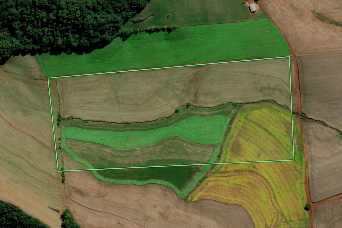 Imagem de satélite do imóvel rural em Chapada (RS), com o contorno declarado no CAR desenhado por cima.