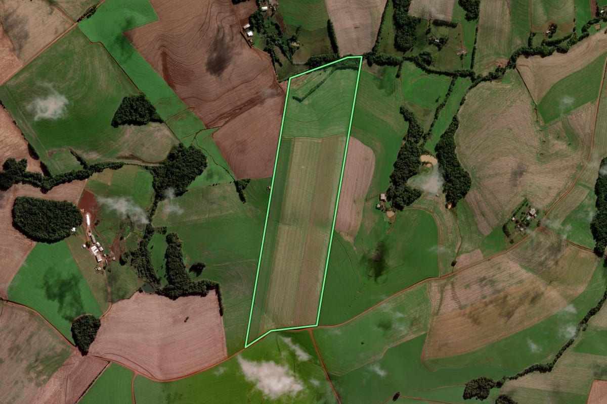 Imagem de satélite do imóvel rural em Chapada (RS), com o contorno declarado no CAR desenhado por cima.