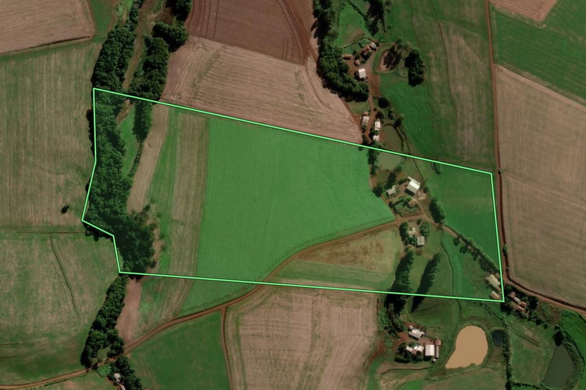 Imagem de satélite do imóvel rural em Chapada (RS), com o contorno declarado no CAR desenhado por cima.