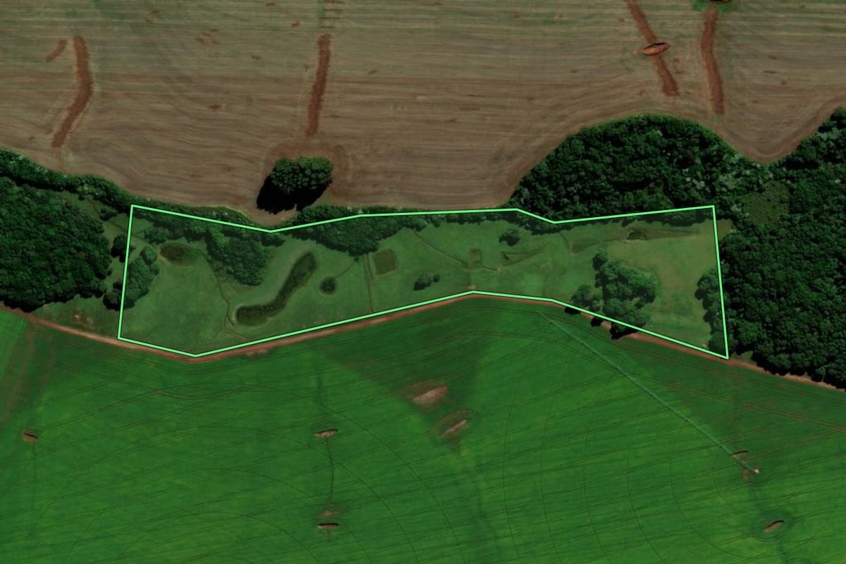 Imagem de satélite do imóvel rural em Chapada (RS), com o contorno declarado no CAR desenhado por cima.