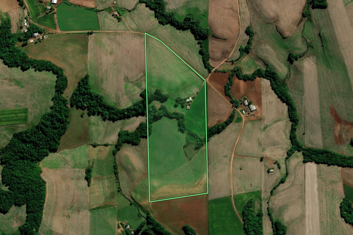 Imagem de satélite do imóvel rural em Chapada (RS), com o contorno declarado no CAR desenhado por cima.