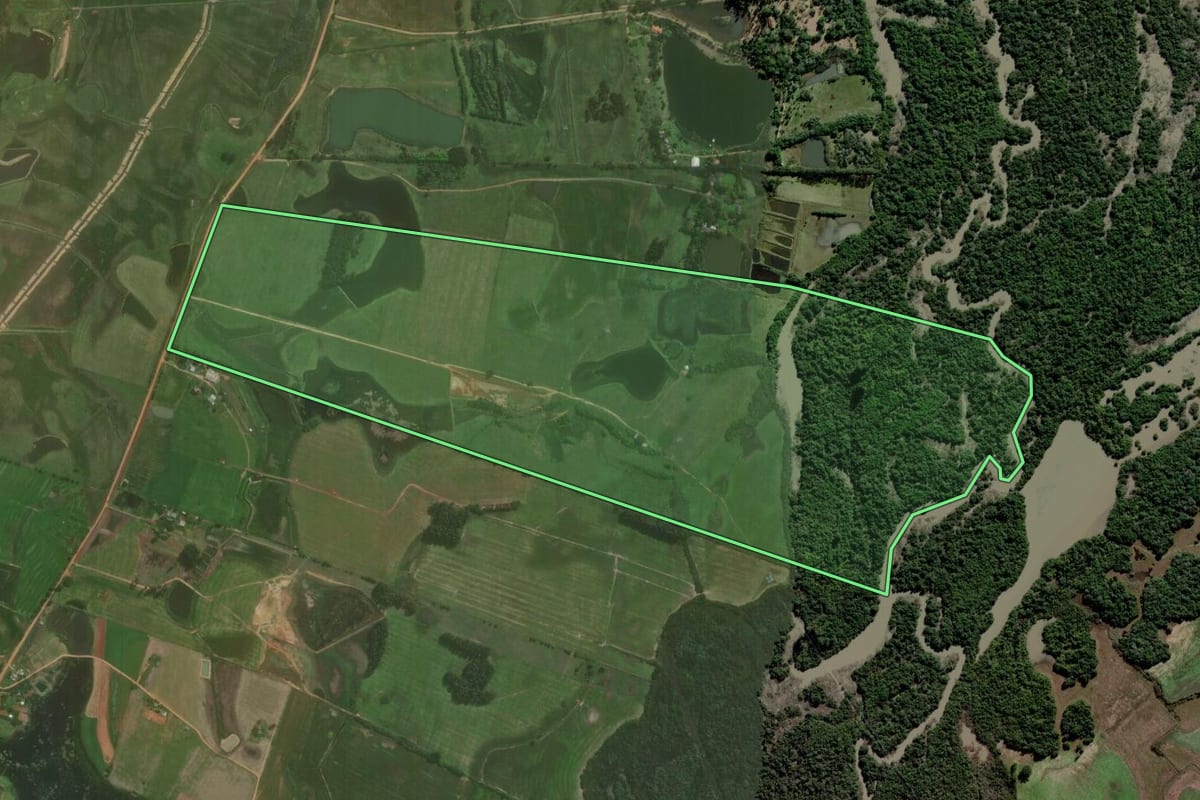 Imagem de satélite do imóvel rural em Charqueadas (RS), com o contorno declarado no CAR desenhado por cima.