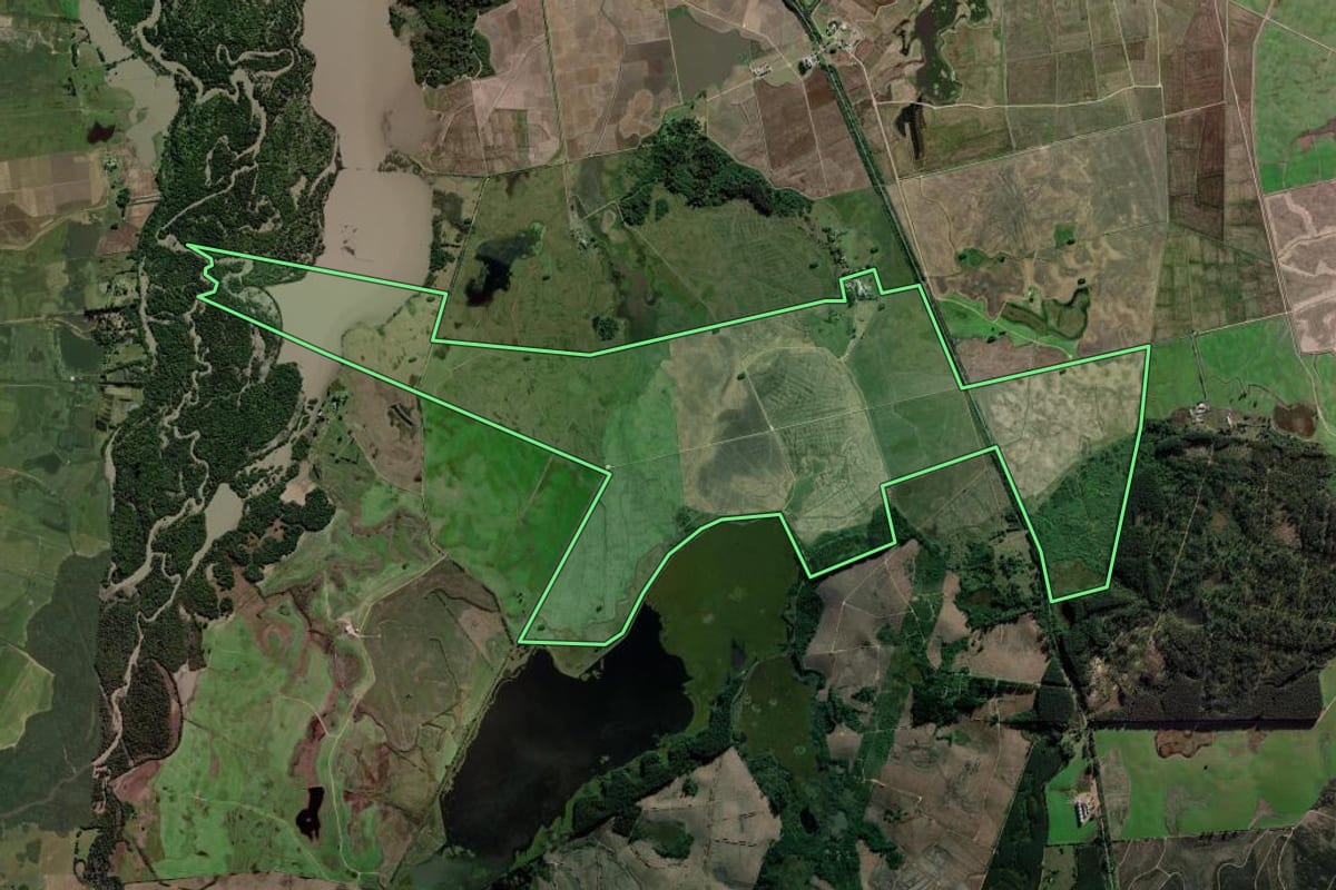 Imagem de satélite do imóvel rural em Charqueadas (RS), com o contorno declarado no CAR desenhado por cima.