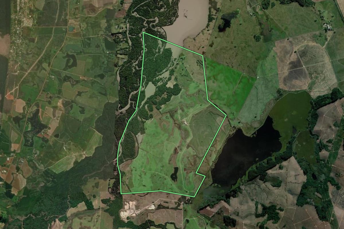 Imagem de satélite do imóvel rural em Charqueadas (RS), com o contorno declarado no CAR desenhado por cima.