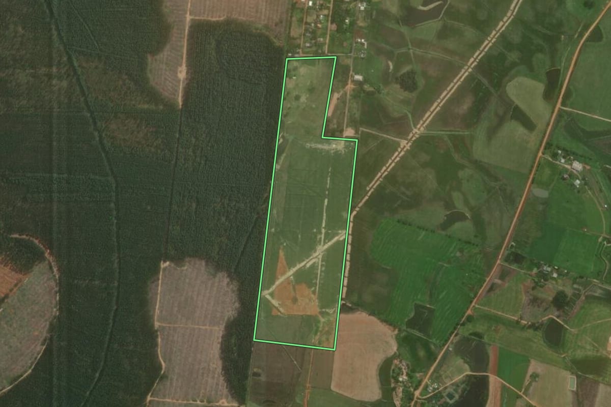 Imagem de satélite do imóvel rural em Charqueadas (RS), com o contorno declarado no CAR desenhado por cima.