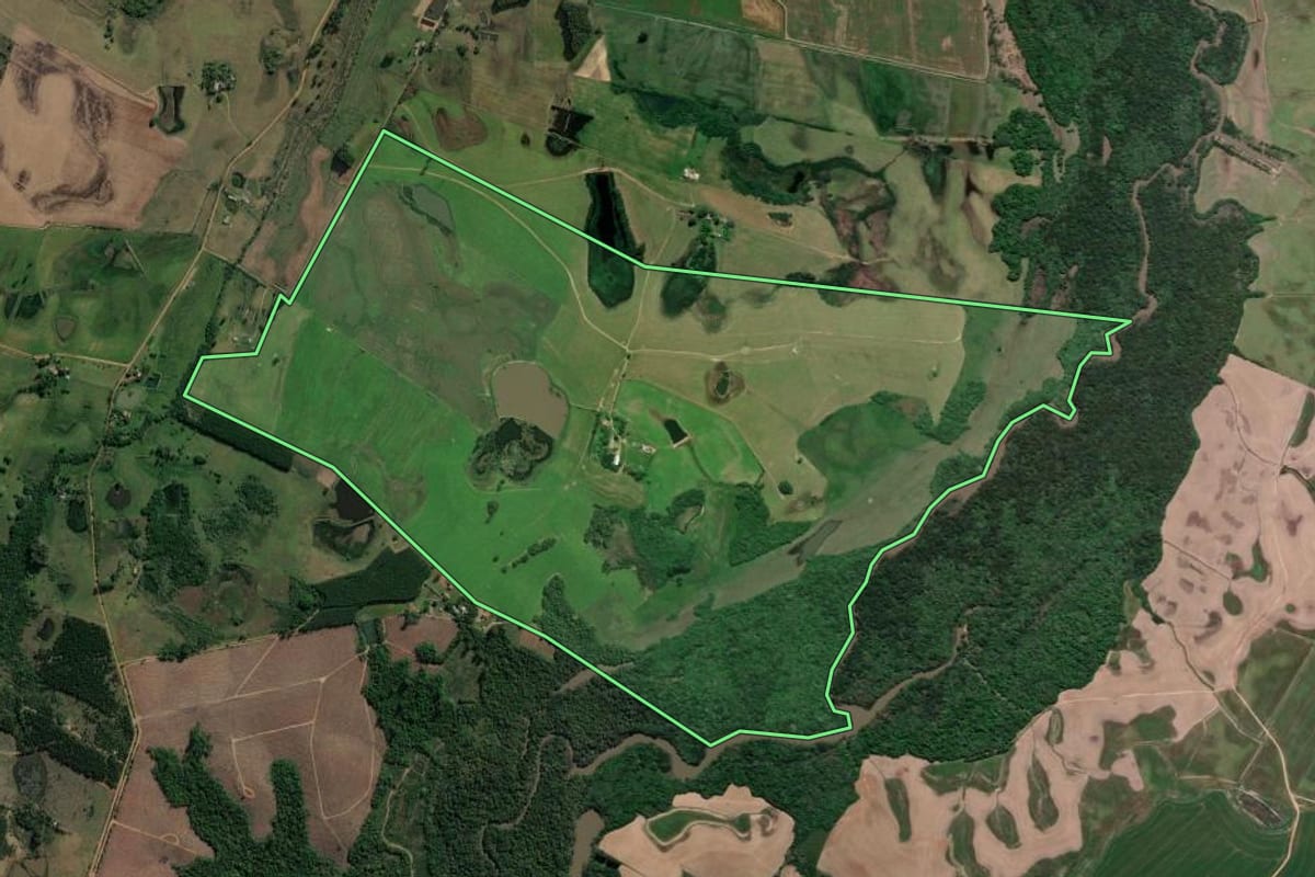 Imagem de satélite do imóvel rural em Charqueadas (RS), com o contorno declarado no CAR desenhado por cima.