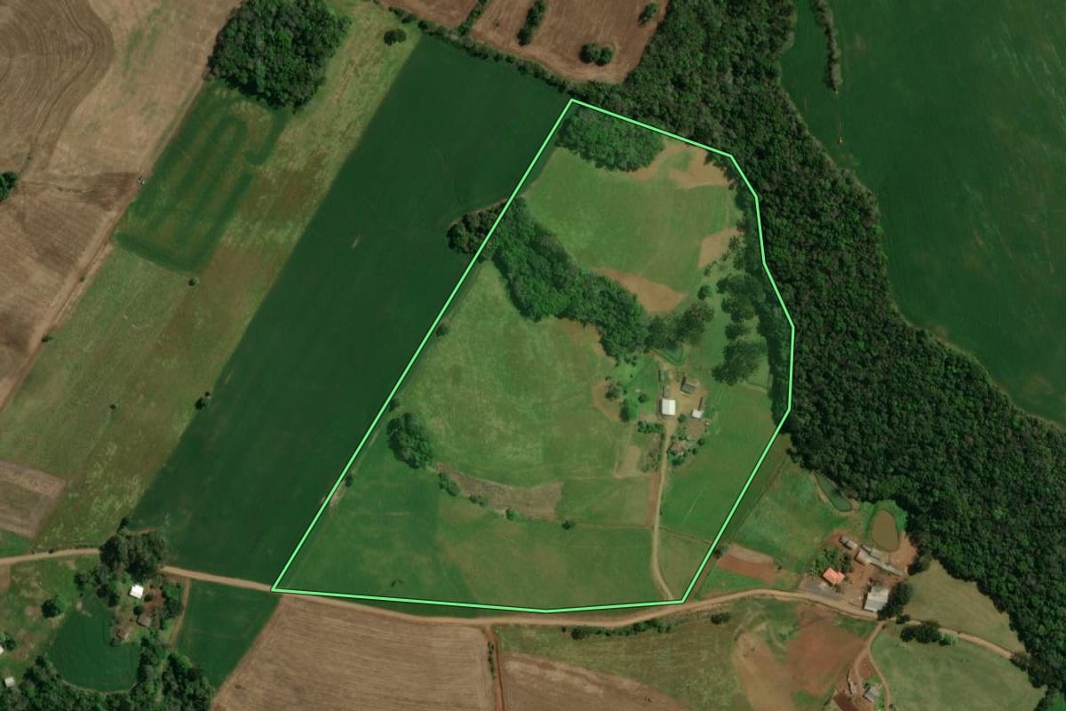 Imagem de satélite do imóvel rural em Charrua (RS), com o contorno declarado no CAR desenhado por cima.