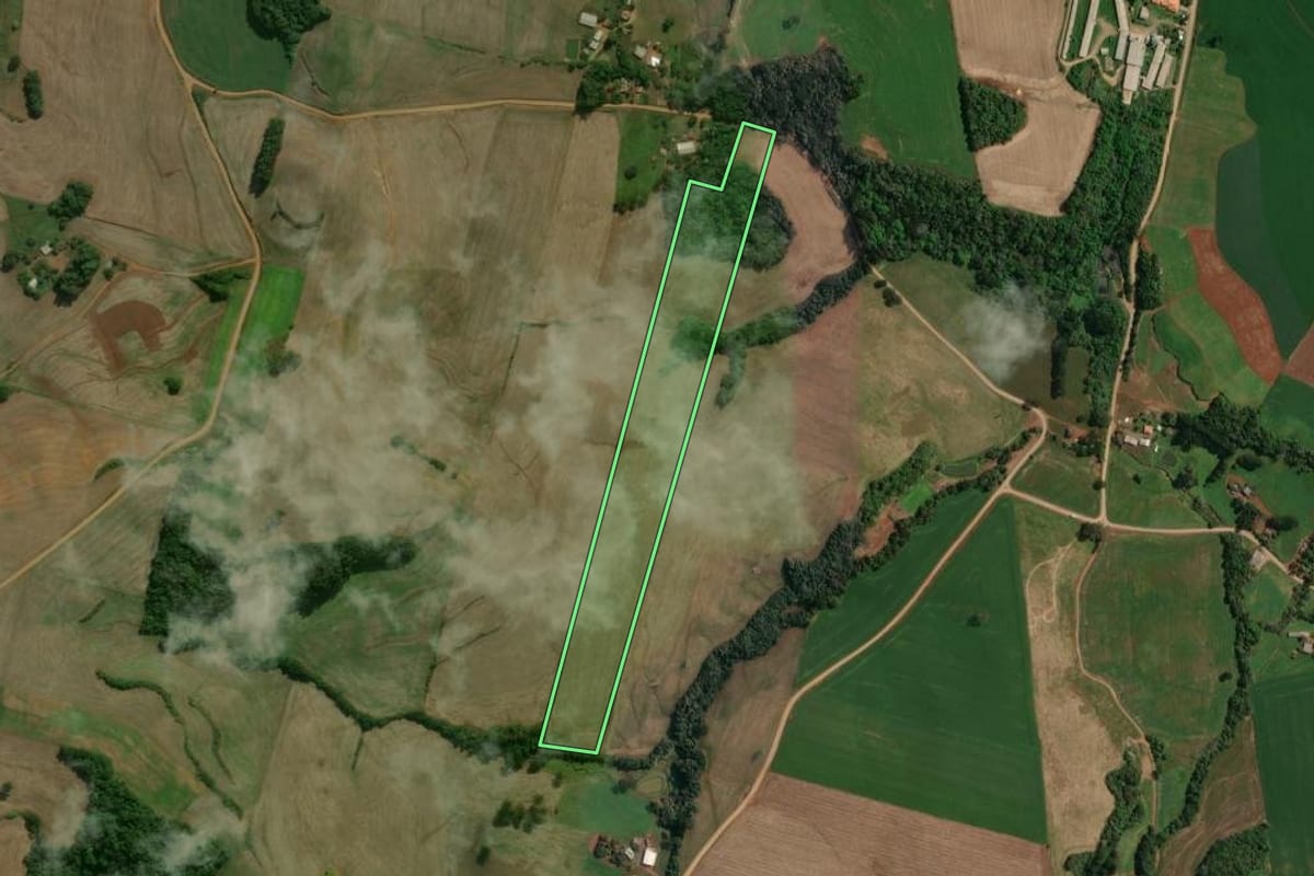 Imagem de satélite do imóvel rural em Charrua (RS), com o contorno declarado no CAR desenhado por cima.