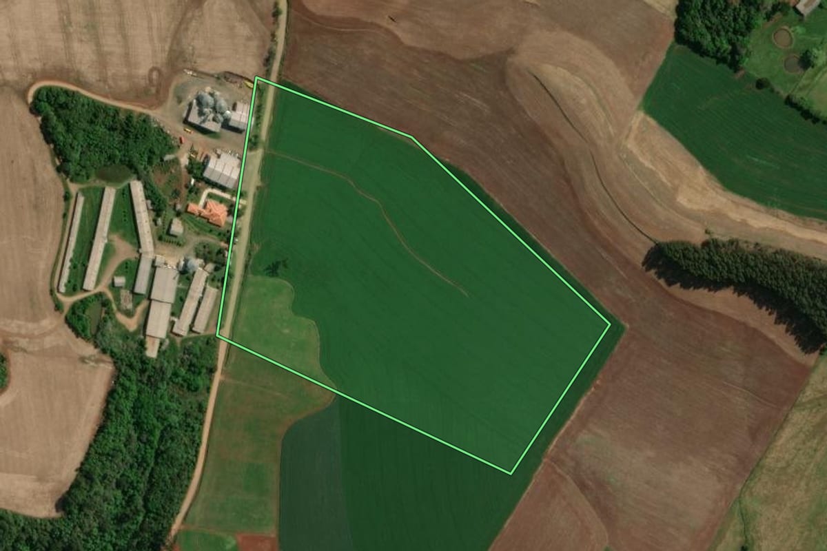 Imagem de satélite do imóvel rural em Charrua (RS), com o contorno declarado no CAR desenhado por cima.