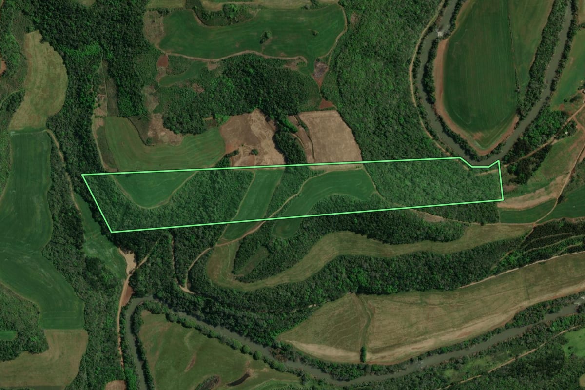 Imagem de satélite do imóvel rural em Charrua (RS), com o contorno declarado no CAR desenhado por cima.