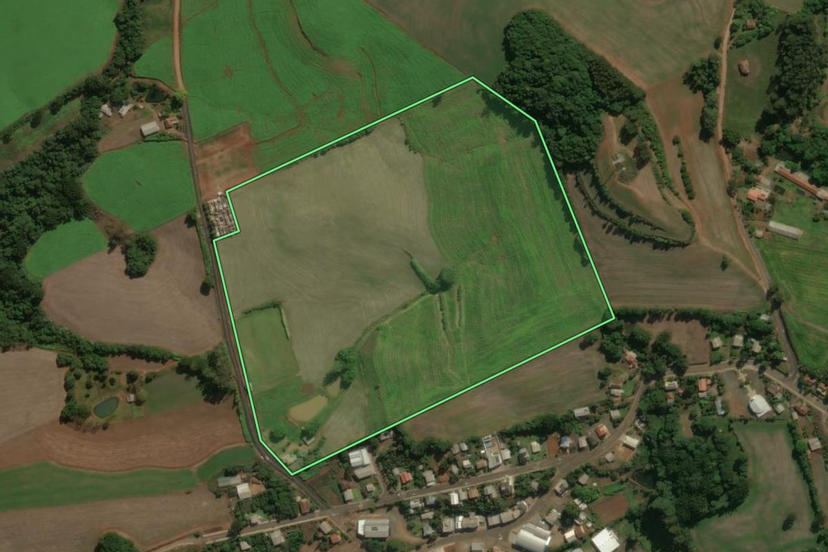 Imagem de satélite do imóvel rural em Charrua (RS), com o contorno declarado no CAR desenhado por cima.