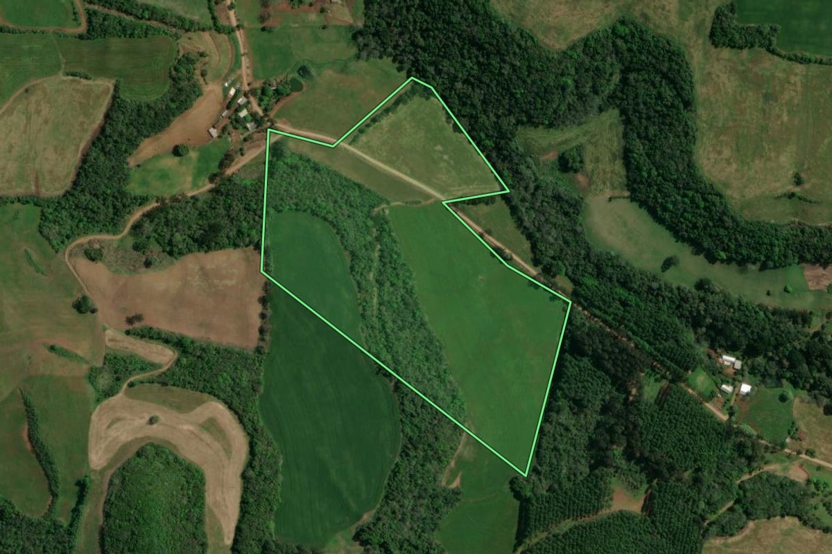 Imagem de satélite do imóvel rural em Charrua (RS), com o contorno declarado no CAR desenhado por cima.