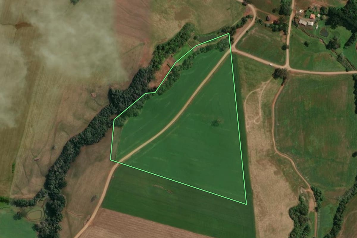 Imagem de satélite do imóvel rural em Charrua (RS), com o contorno declarado no CAR desenhado por cima.
