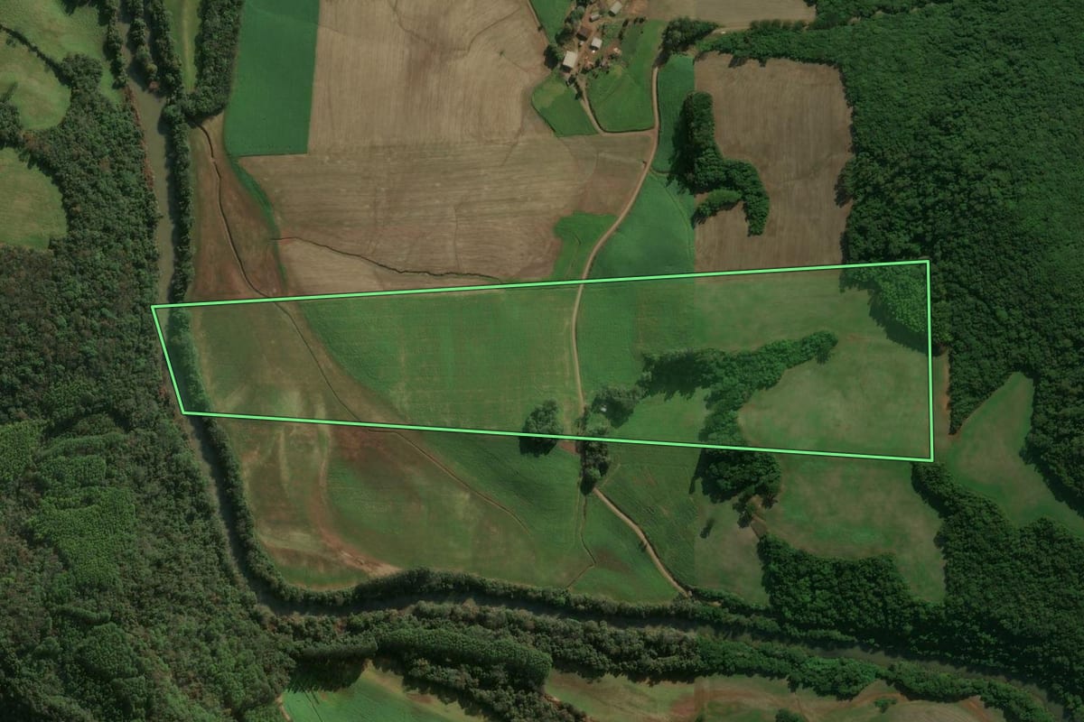 Imagem de satélite do imóvel rural em Charrua (RS), com o contorno declarado no CAR desenhado por cima.