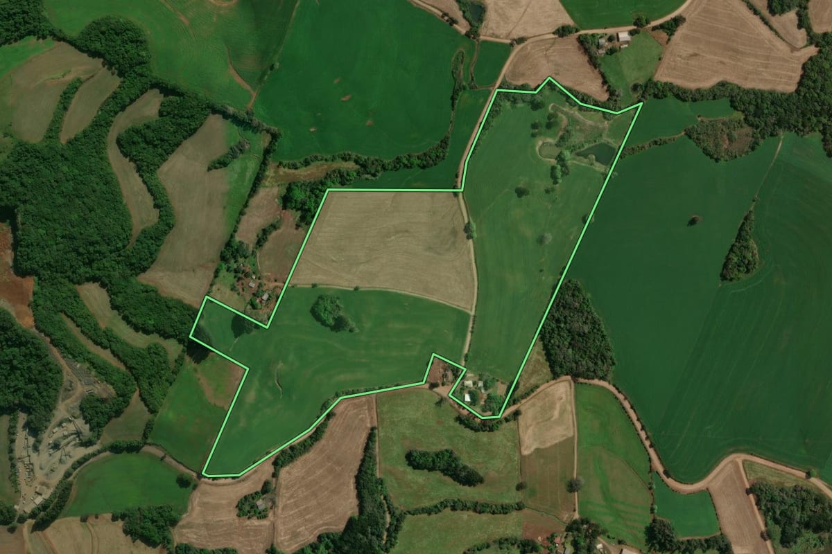 Imagem de satélite do imóvel rural em Charrua (RS), com o contorno declarado no CAR desenhado por cima.