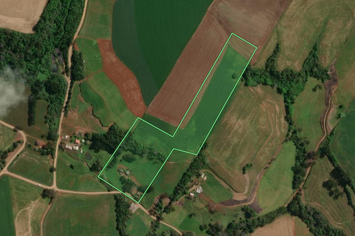 Imagem de satélite do imóvel rural em Charrua (RS), com o contorno declarado no CAR desenhado por cima.