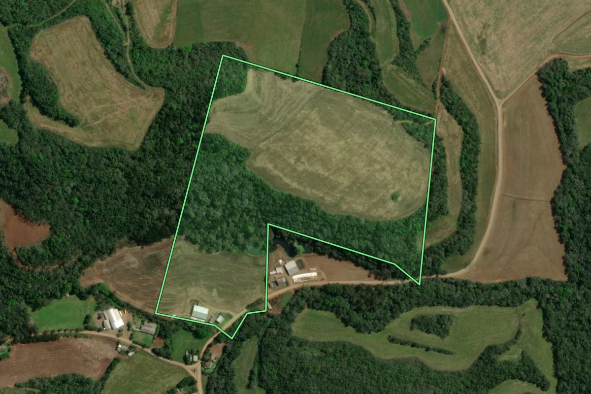 Imagem de satélite do imóvel rural em Charrua (RS), com o contorno declarado no CAR desenhado por cima.