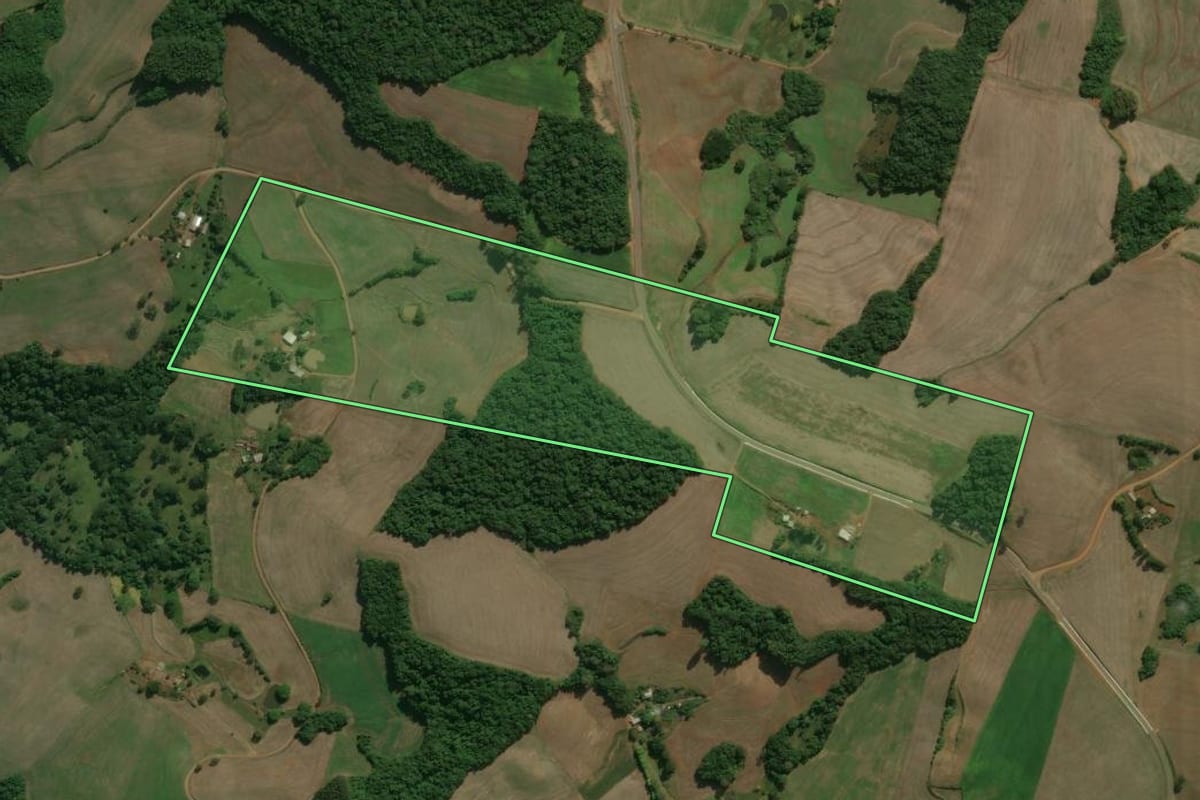 Imagem de satélite do imóvel rural em Charrua (RS), com o contorno declarado no CAR desenhado por cima.