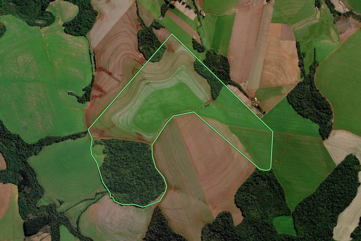 Imagem de satélite do imóvel rural em Chiapetta (RS), com o contorno declarado no CAR desenhado por cima.