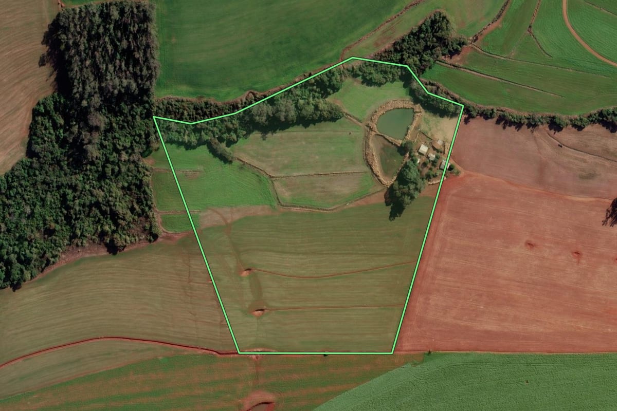 Imagem de satélite do imóvel rural em Chiapetta (RS), com o contorno declarado no CAR desenhado por cima.