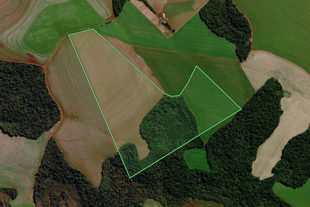 Imagem de satélite do imóvel rural em Chiapetta (RS), com o contorno declarado no CAR desenhado por cima.