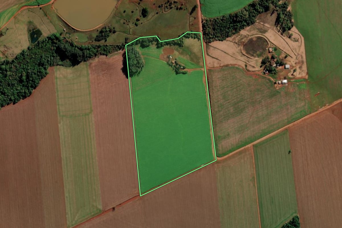 Imagem de satélite do imóvel rural em Chiapetta (RS), com o contorno declarado no CAR desenhado por cima.