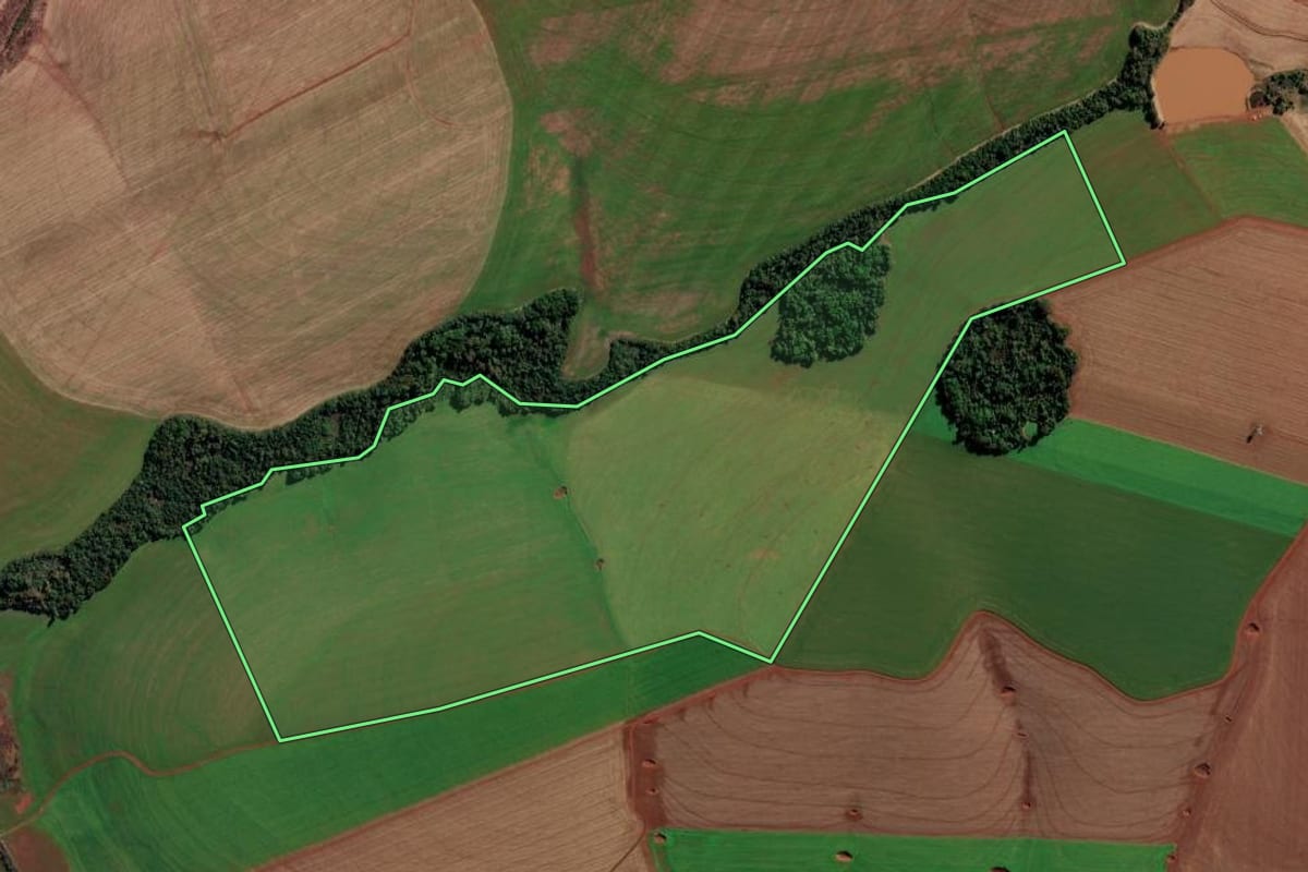 Imagem de satélite do imóvel rural em Chiapetta (RS), com o contorno declarado no CAR desenhado por cima.