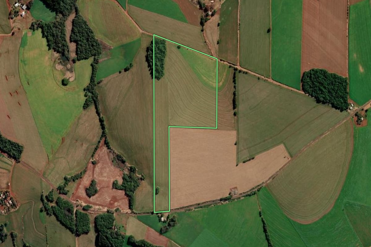 Imagem de satélite do imóvel rural em Chiapetta (RS), com o contorno declarado no CAR desenhado por cima.