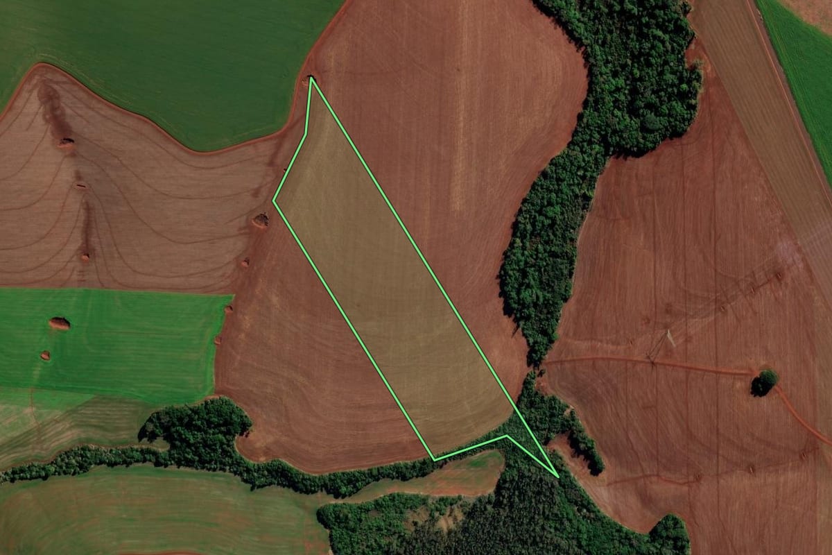 Imagem de satélite do imóvel rural em Chiapetta (RS), com o contorno declarado no CAR desenhado por cima.