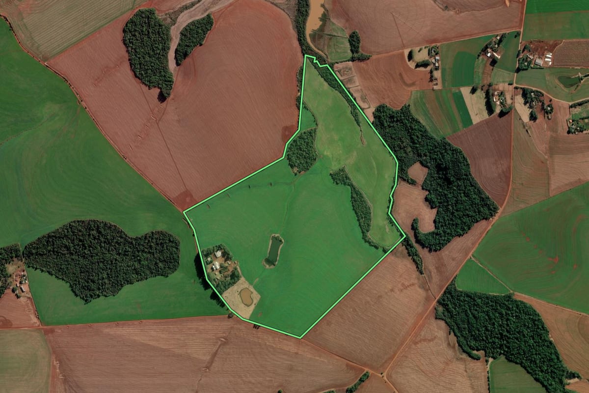 Imagem de satélite do imóvel rural em Chiapetta (RS), com o contorno declarado no CAR desenhado por cima.