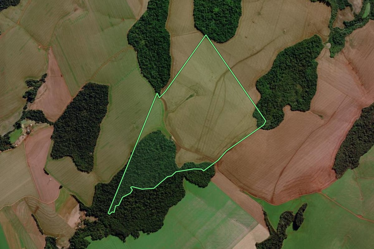 Imagem de satélite do imóvel rural em Chiapetta (RS), com o contorno declarado no CAR desenhado por cima.