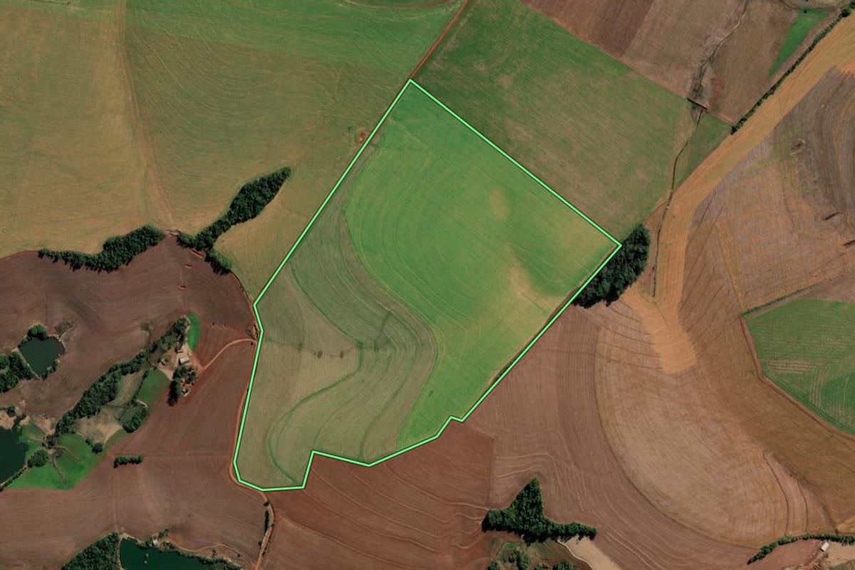 Imagem de satélite do imóvel rural em Chiapetta (RS), com o contorno declarado no CAR desenhado por cima.