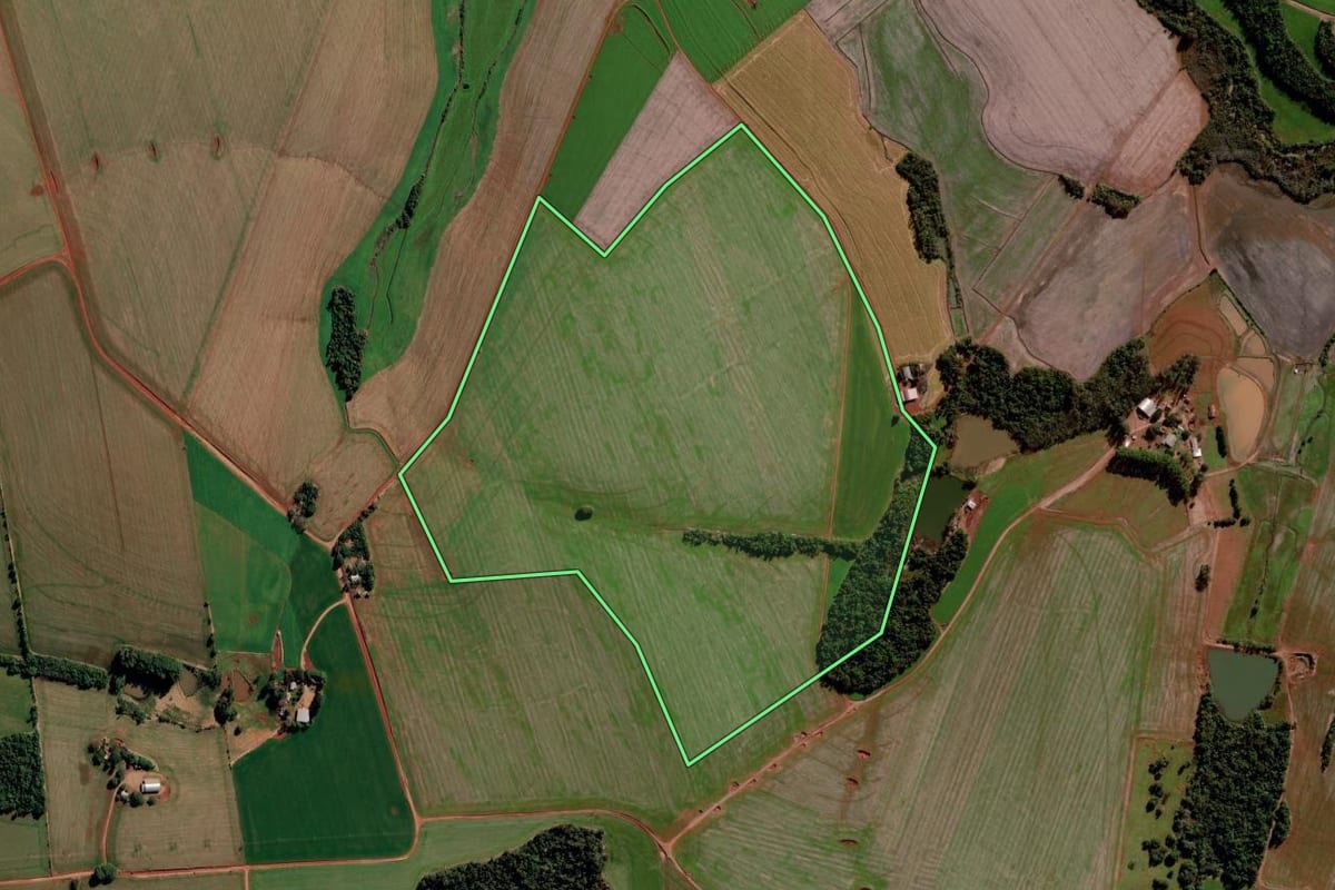 Imagem de satélite do imóvel rural em Chiapetta (RS), com o contorno declarado no CAR desenhado por cima.