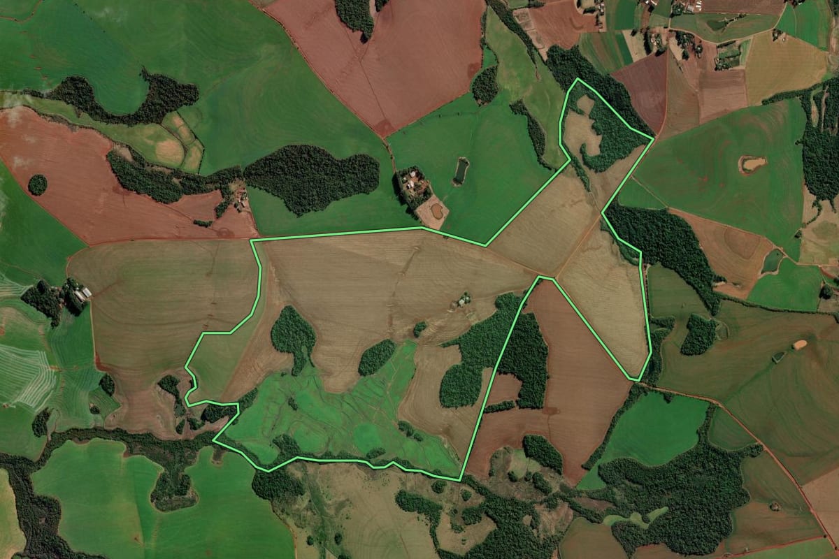 Imagem de satélite do imóvel rural em Chiapetta (RS), com o contorno declarado no CAR desenhado por cima.