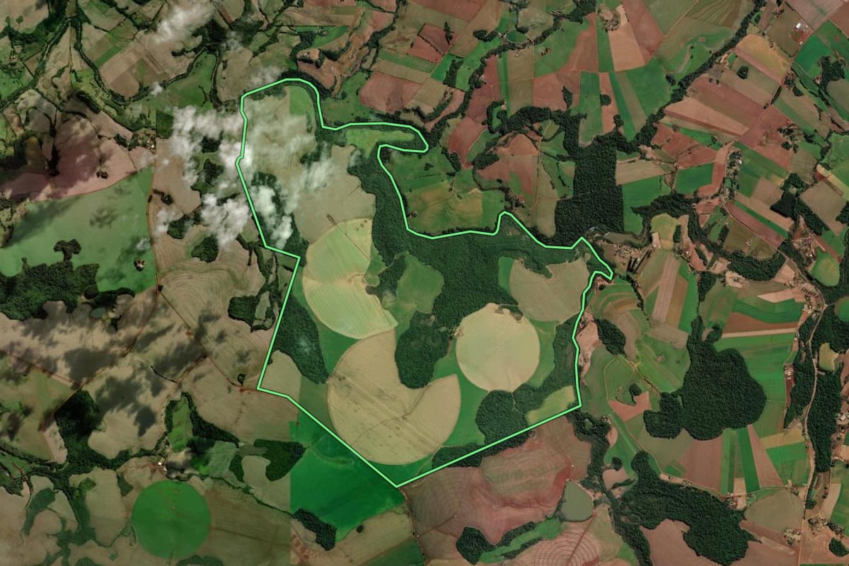 Imagem de satélite do imóvel rural em Chiapetta (RS), com o contorno declarado no CAR desenhado por cima.
